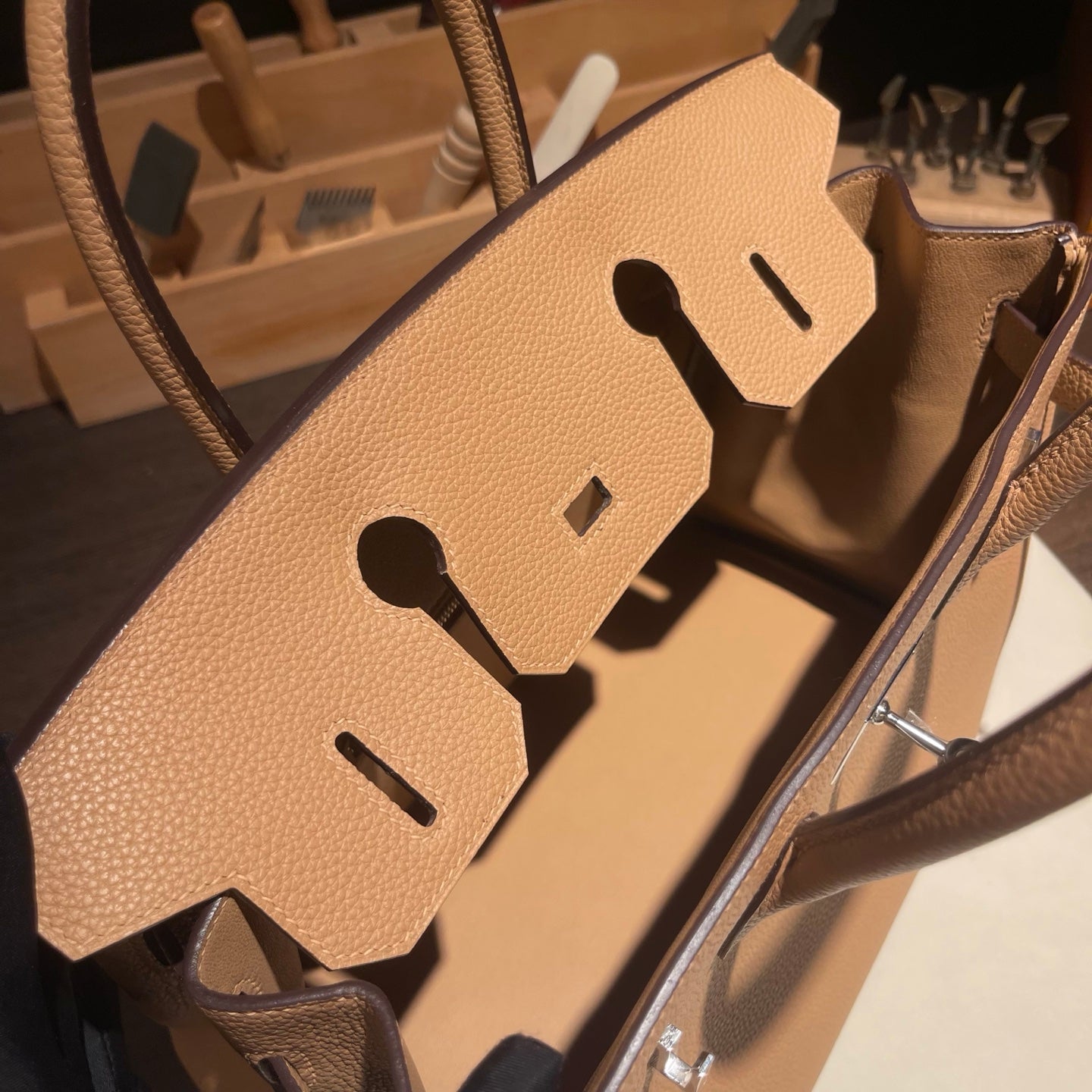 Handmade Milk Tea Togo leather top handle bag with silver hardware 30cm detail view 8