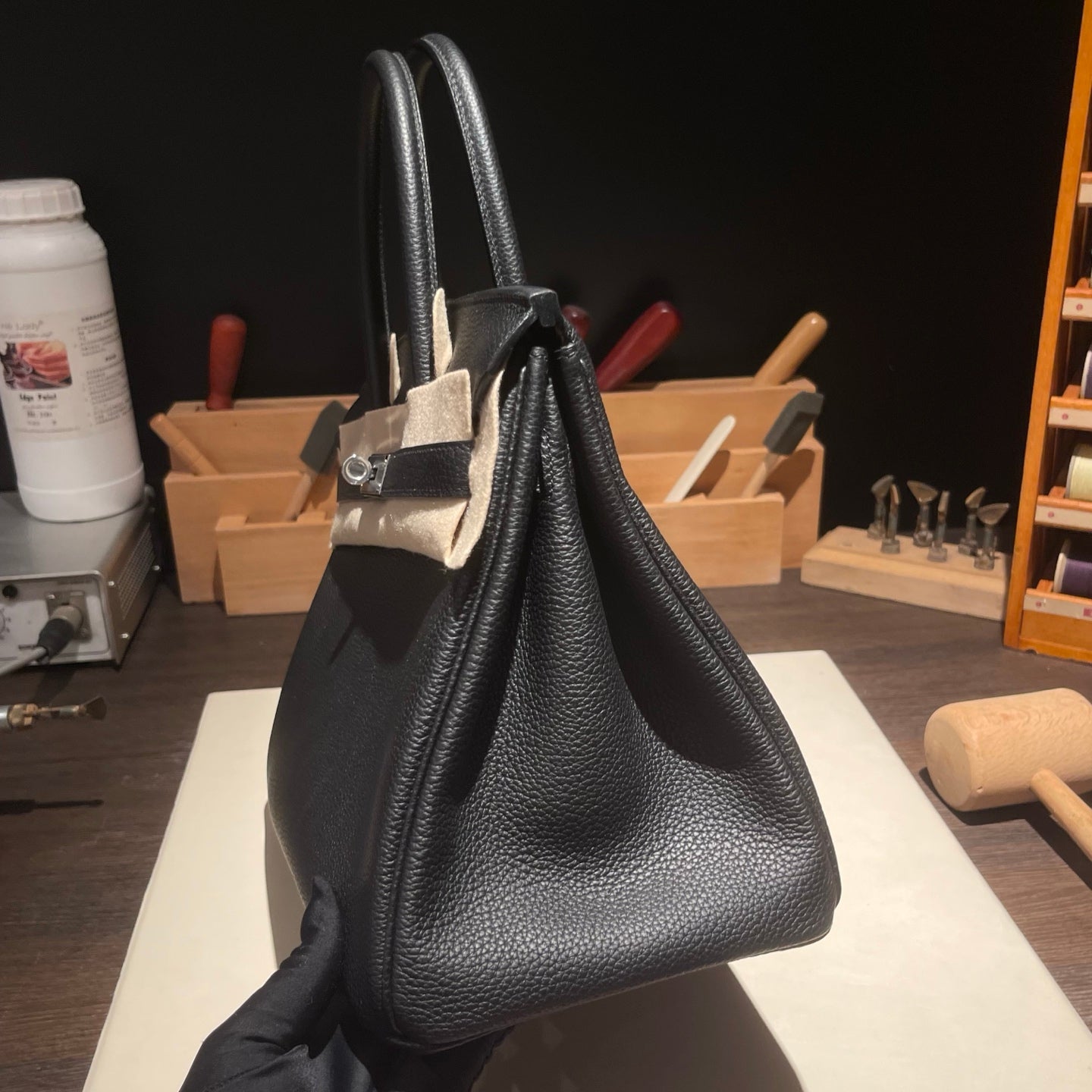 Black Togo leather structured handbag 30cm detail view